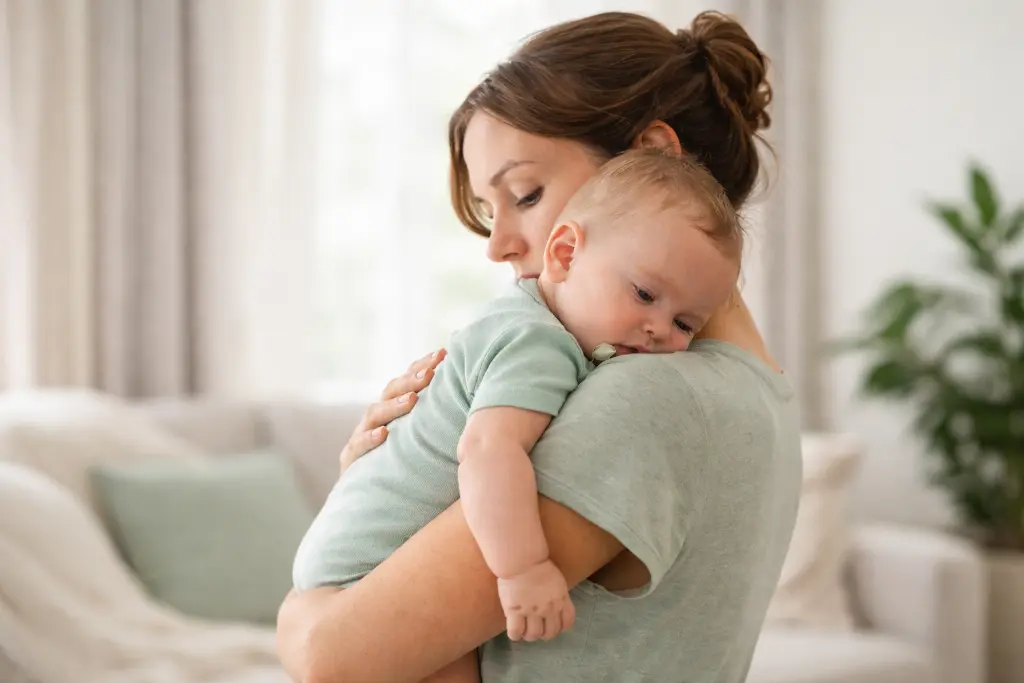 csecsemőkori refluxban érintett baba etetés után édesanyja vállán